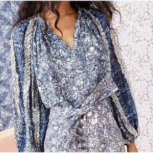 Ulla Johnson Kana Blouse Indigo Blue Peasant Top Ruffle Balloon Sleeve Size 0